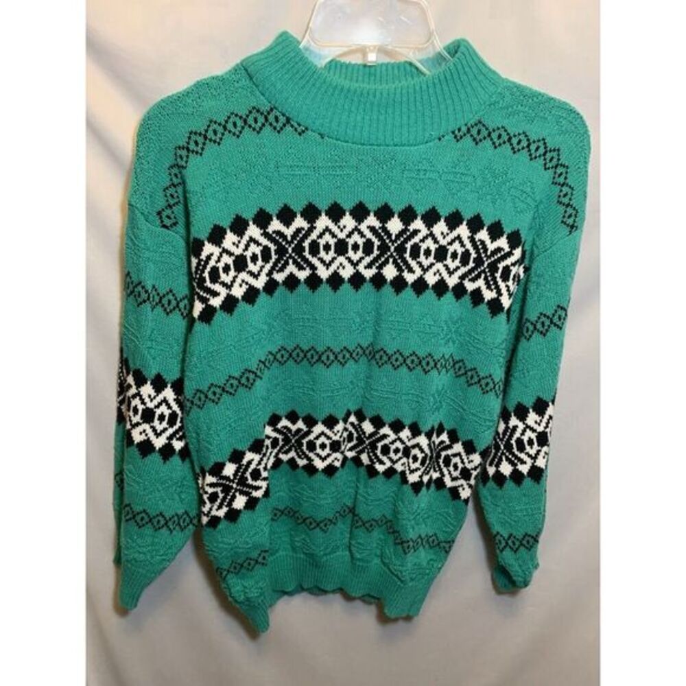 Women's Small Acrylic Knit Geometric Green Sweater 80s‎ 90s RETRO VINTAGE